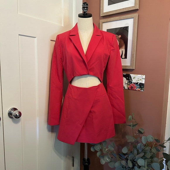 Zara Hot Pink Cutout mini shoulder pads M asymmetrical lined Blazer/skirt dress - Picture 4 of 15